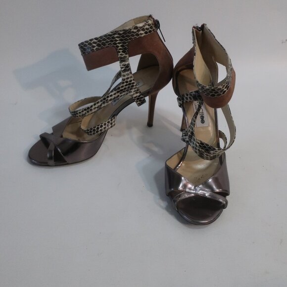 Authentic Jimmy Choo Pewter Python Suede Metallic Strap Ankle Zip Heels 39 US/9 - Picture 2 of 16